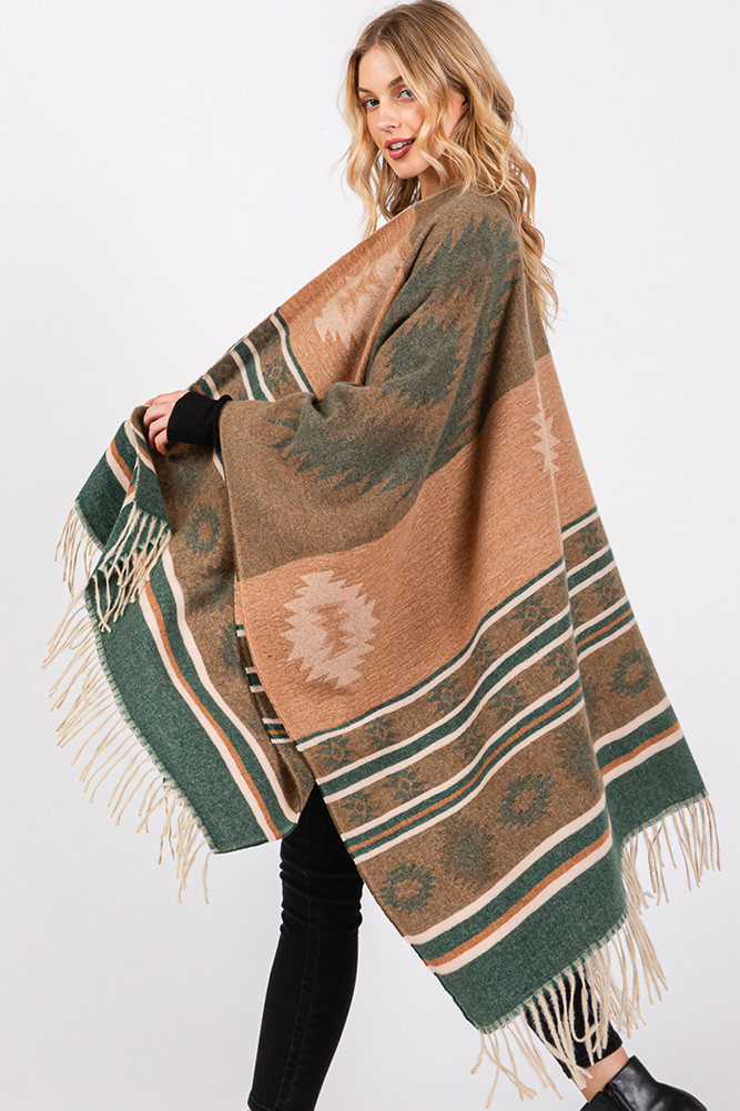 Women's Aztec Pattern with Fringe Ruana Winter Kimono in Olive