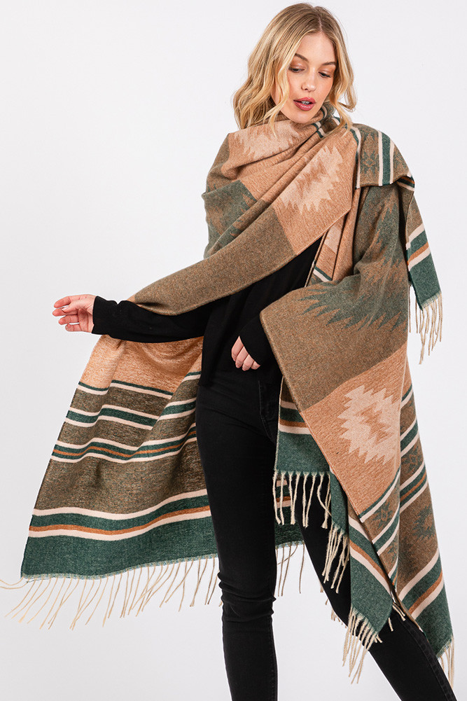Women's Aztec Pattern with Fringe Ruana Winter Kimono in Olive