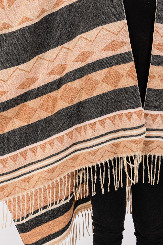 Women's Aztec Pattern with Fringe Ruana Winter Kimono in Black