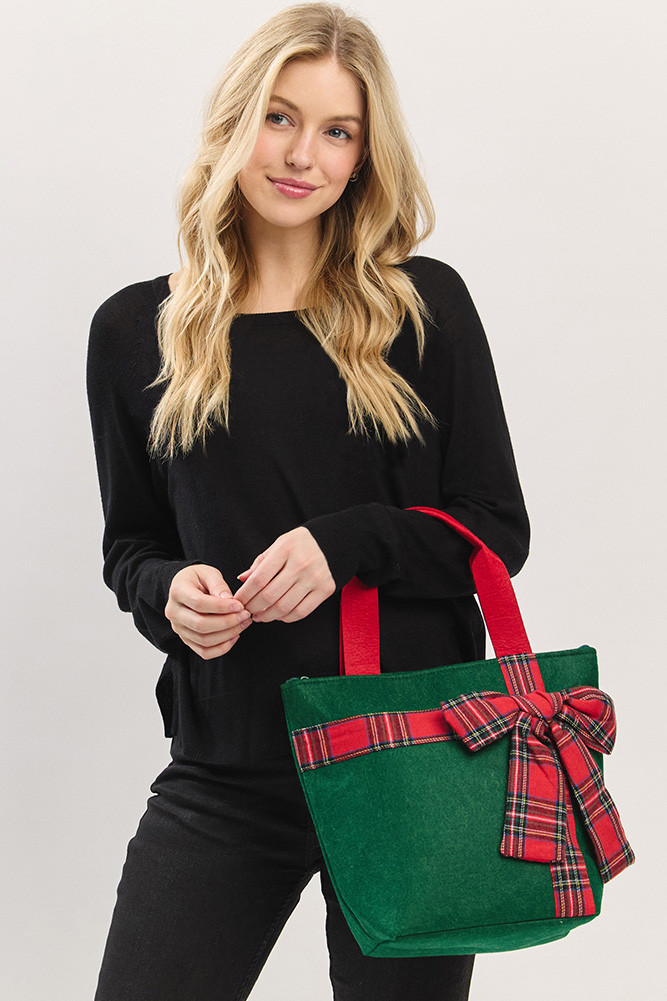 Women's Christmas Theme Plaid Bow Point Tote Bag by BURACQ