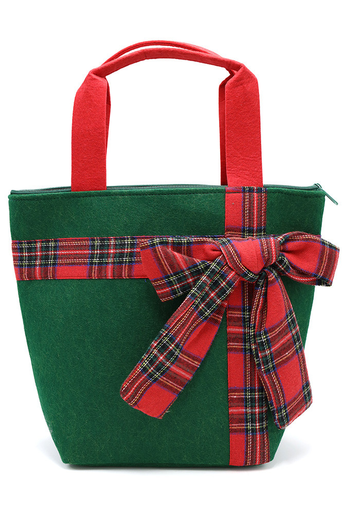Women's Christmas Theme Plaid Bow Point Tote Bag in Green