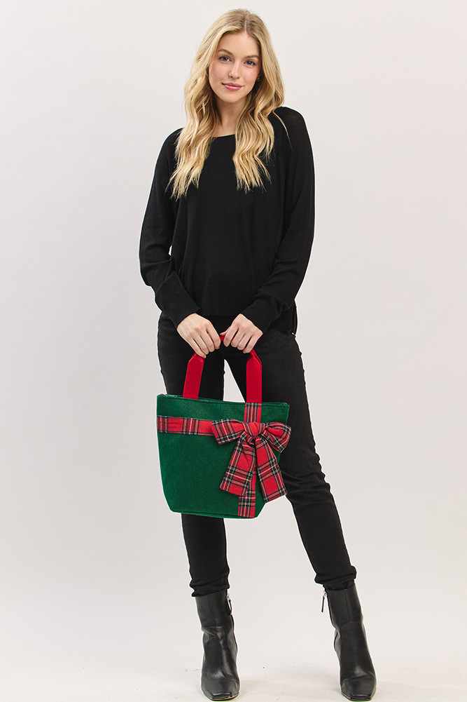 Women's Christmas Theme Plaid Bow Point Tote Bag in Green