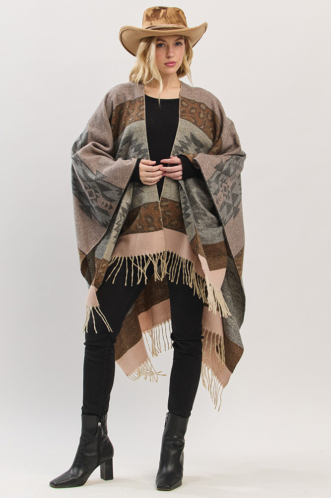 Women's Aztec Leopard Pattern Western Style Fringe Ruana in Gray