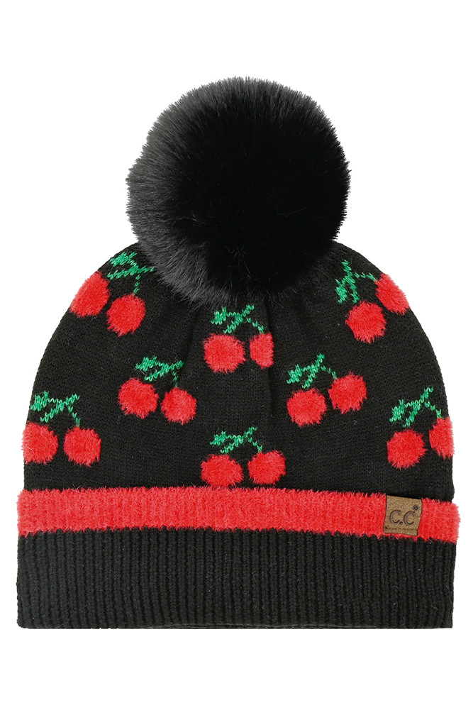 Women's Cherry Pattern Pom Beanie Winter Hat by BURACQ