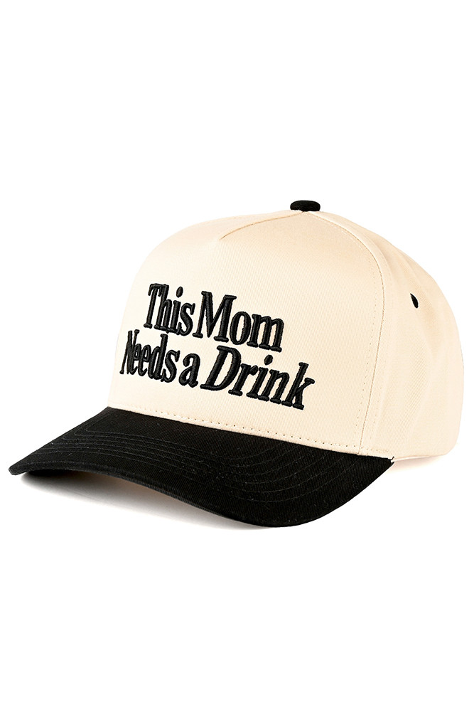 Women's This Mom Needs a Drink Letter Trucker Cap in Black
