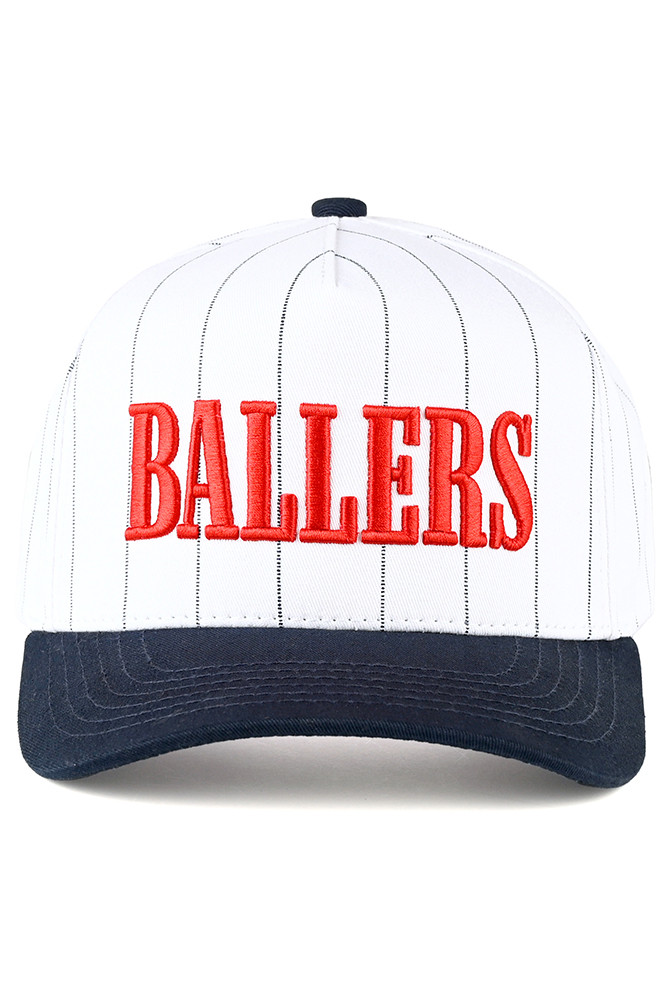 Women's Ballers Letter Stripe Pattern Trucker Cap in Navy White by BURACQ