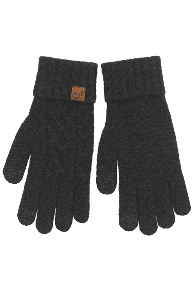 Women's Solid Cable Knit Cuff Winter Gloves in Black