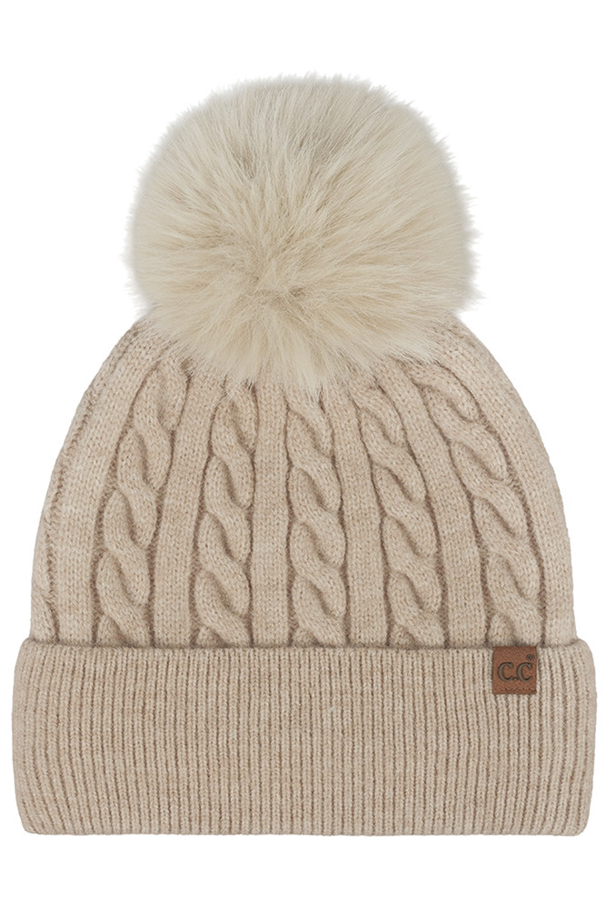 Women's Cable Knit Pattern Pom and Cuff Beanie Hat by BURACQ