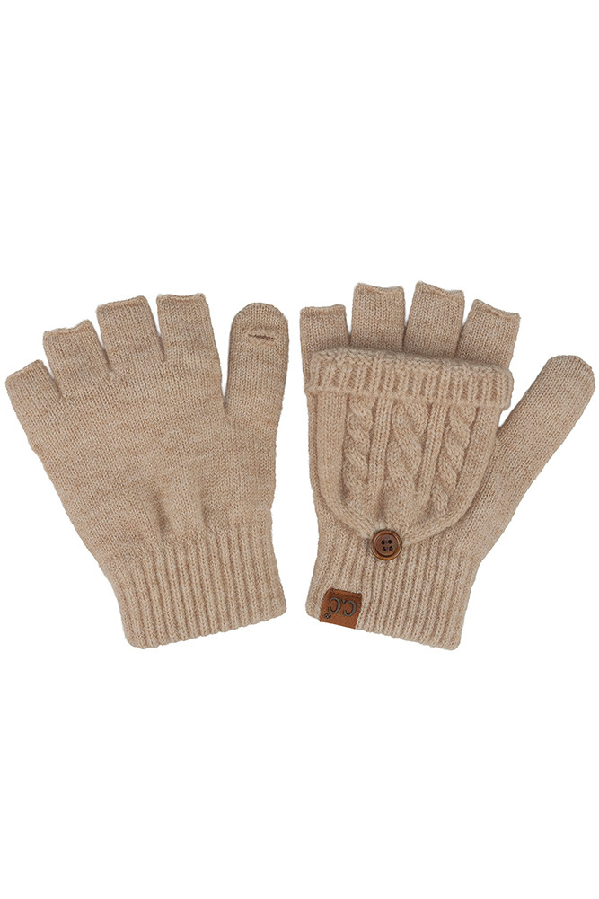 Women's Cable Pattern Convertible Flips Mitten Gloves in Beige