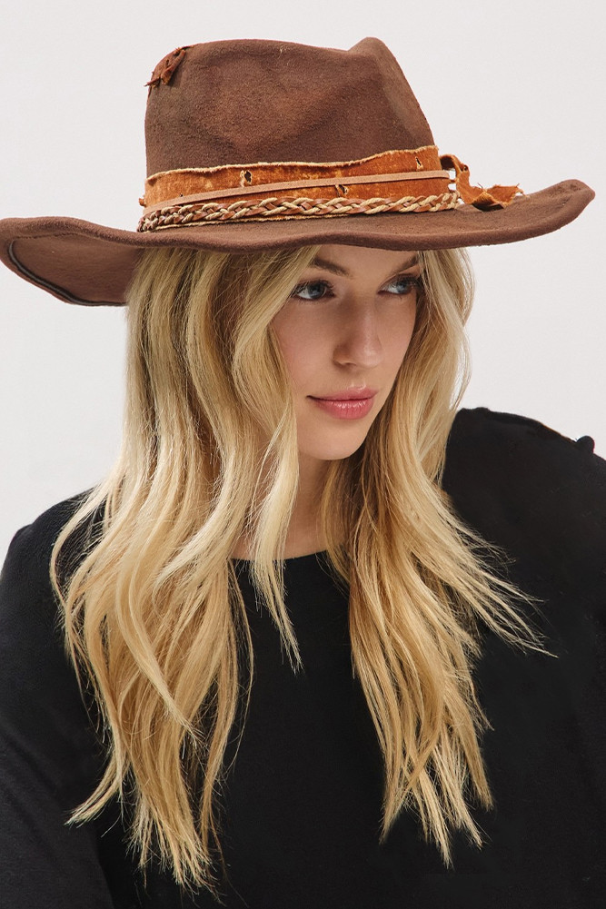 Women's Distressed Band with Feather Cowgirl Fedora Hat by BURACQ