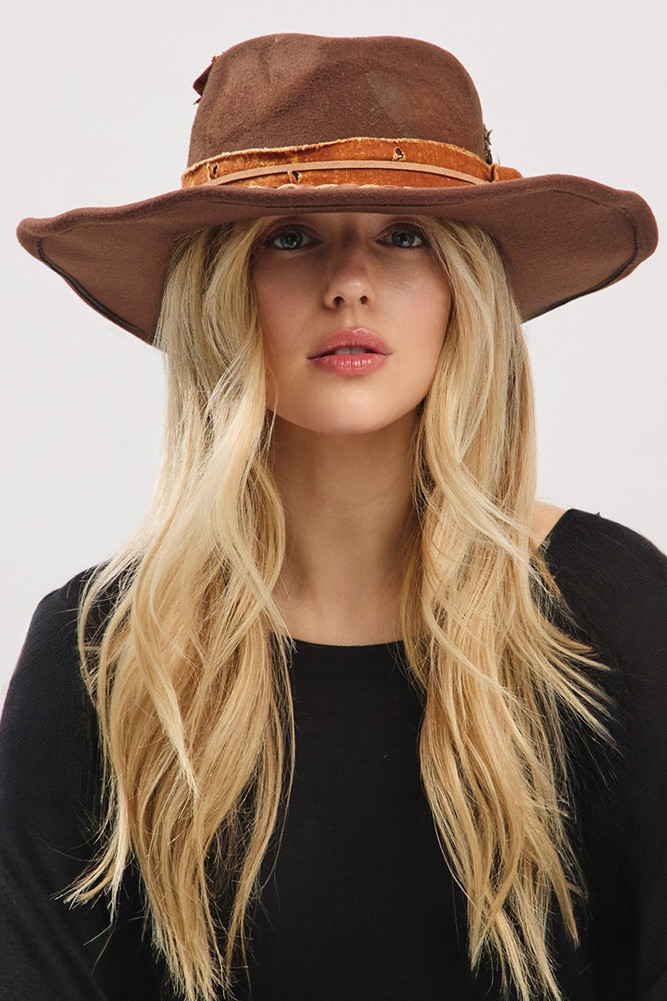 Women's Distressed Band with Feather Cowgirl Fedora Hat — fedora photo 5