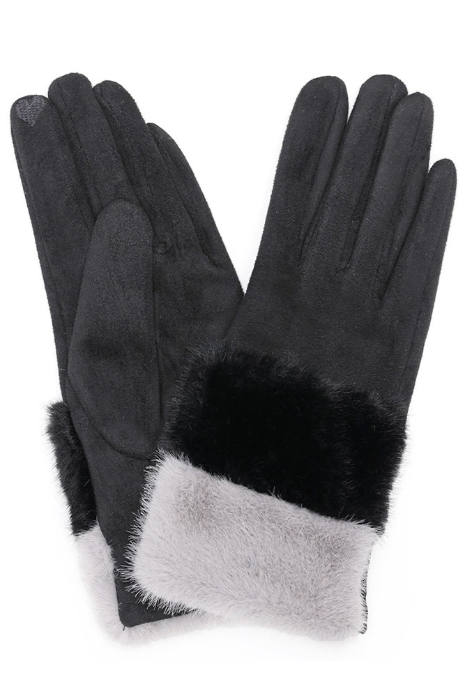 Women's Two-Tone Faux Fur Decorate Winter Gloves in Black