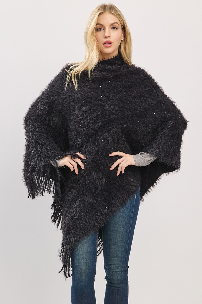 Women's Fuzzy Sequin with Fringe Light Weight Poncho by BURACQ