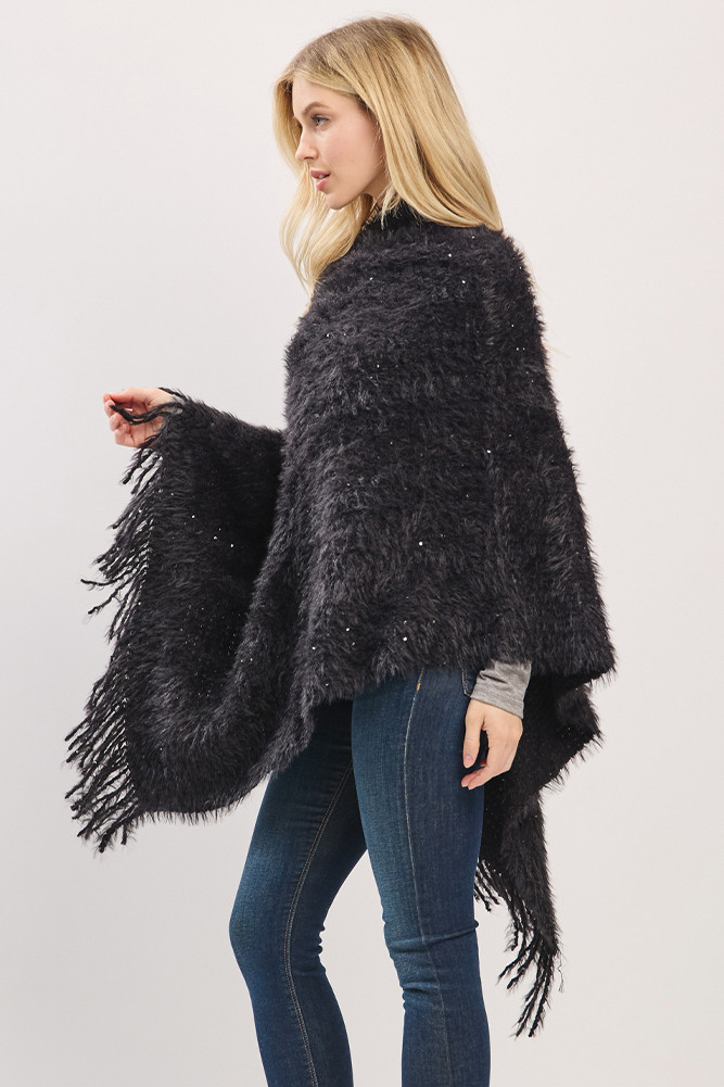 Women's Fuzzy Sequin with Fringe Light Weight Poncho in Black