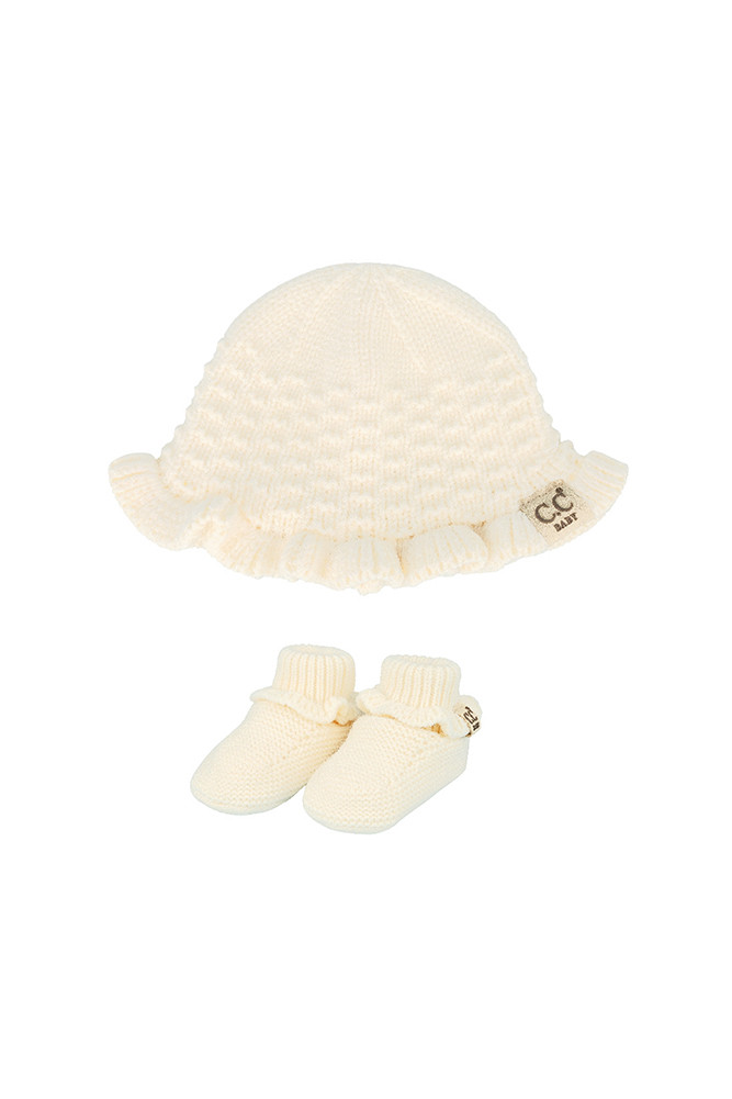 Baby Knitted Bonnet Hat with Botties Set in Cream