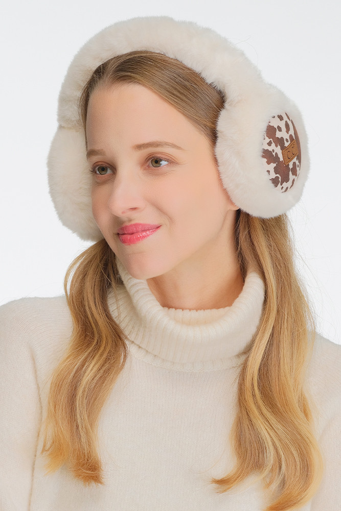 Women's Cow Print Faux Fur Suede Earmuff Ear Warmer in Cow by BURACQ