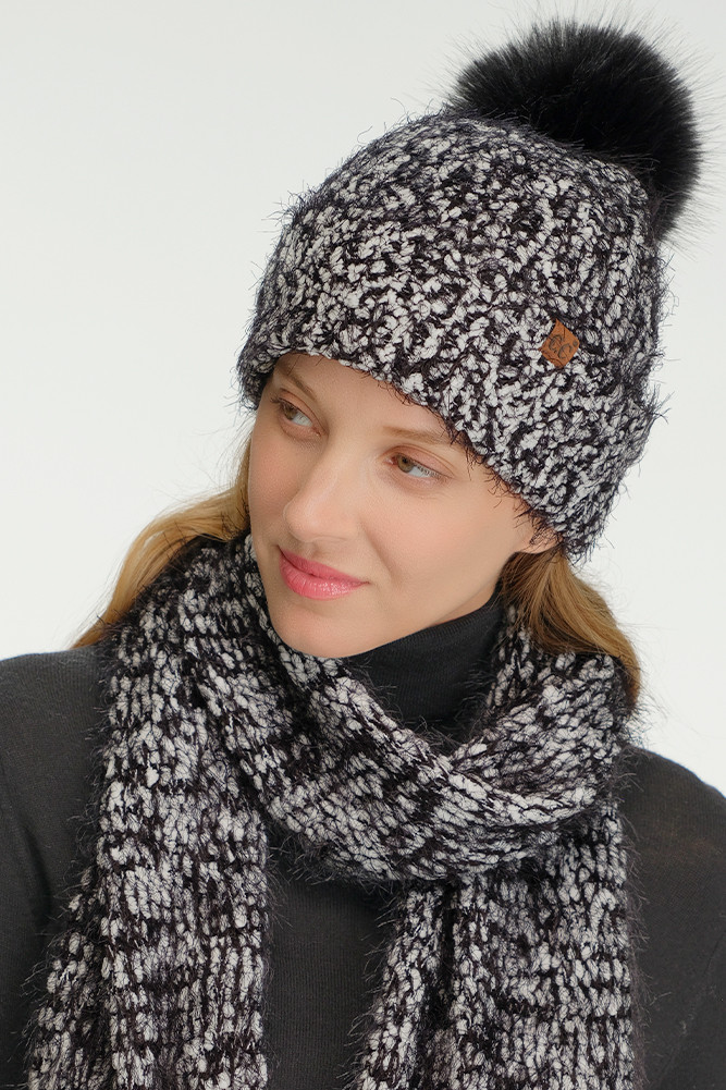 Women's Faux Fur Pom Boucle Cuff Beanie Winter Hat by BURACQ