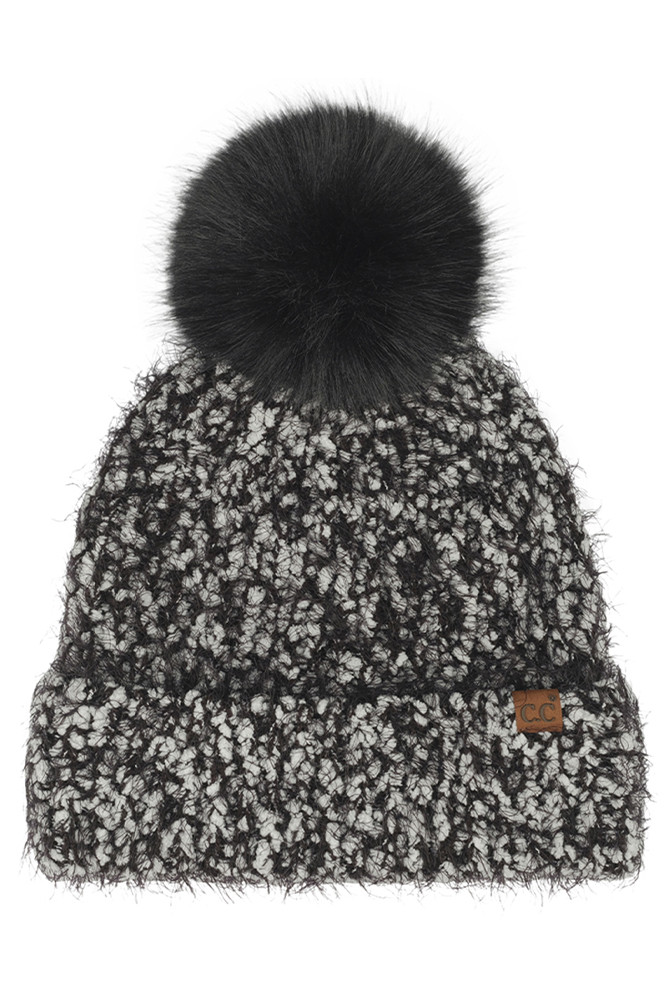 Women's Faux Fur Pom Boucle Cuff Beanie Winter Hat in Black