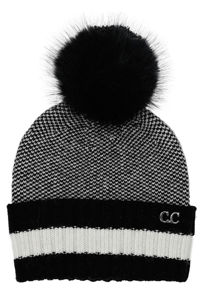 Women's Two-Tone Angora Stripe Point Cuff Beanie in Black