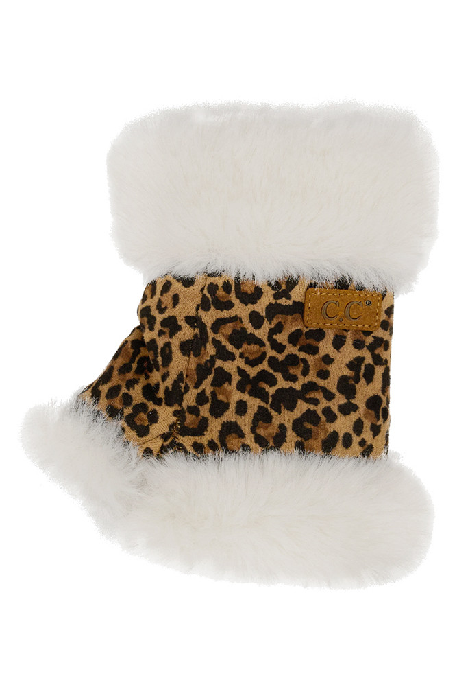 Women's Leopard Pattern Fur Trim Fingerless Gloves in Ivory