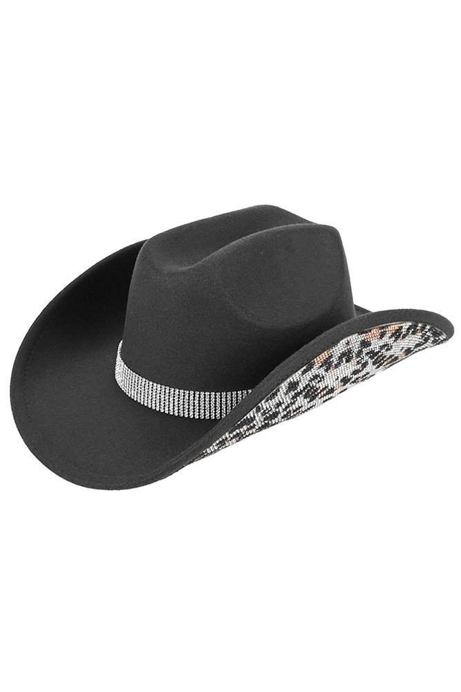 Women's Leopard Pattern Rhinestone Felt Cowboy Hat by BURACQ