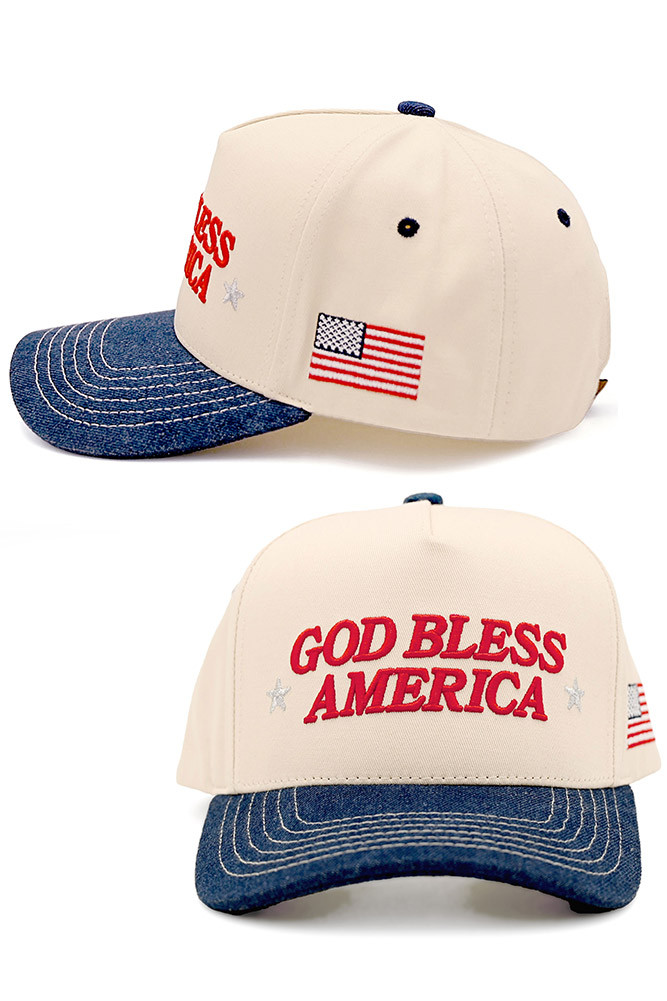 Women's God Bless America Letter Two-Tone Trucker Cap in Dark Denim by BURACQ