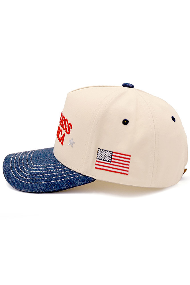Women's God Bless America Letter Two-Tone Trucker Cap in Dark Denim