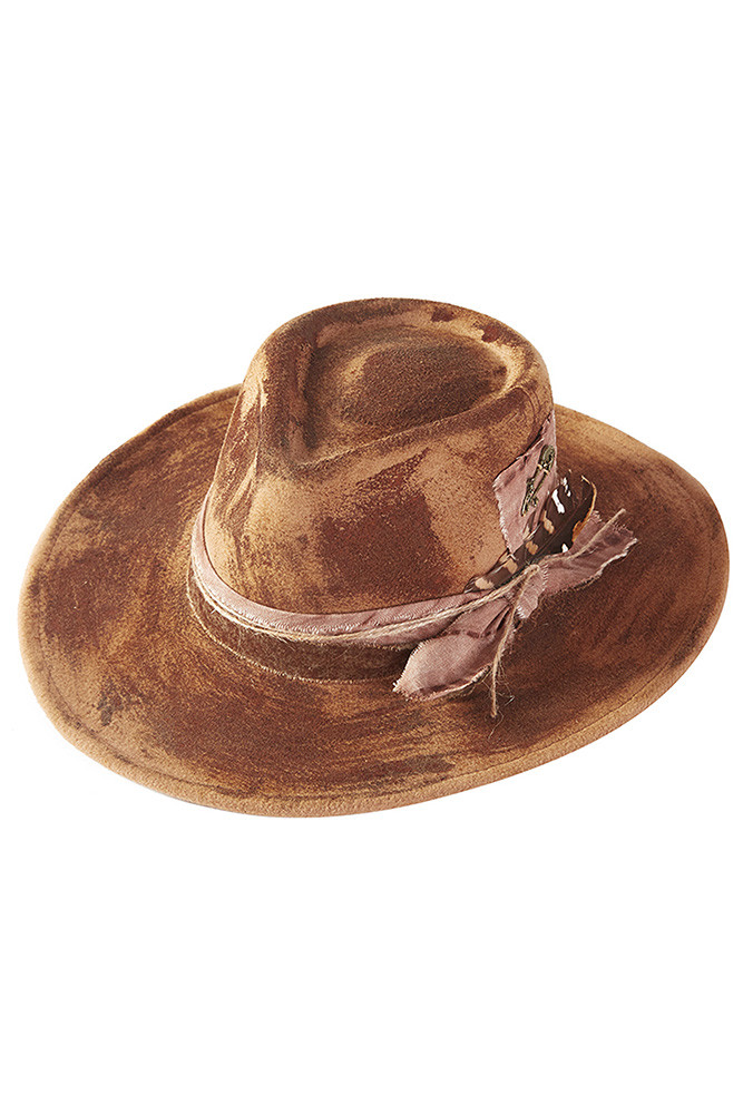 Women's Rustic Cowgirl Feather and Band Fedora Hat in Taupe
