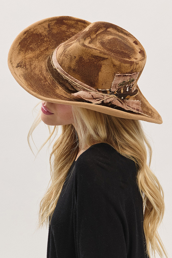 Women's Rustic Cowgirl Feather and Band Fedora Hat in Taupe by BURACQ
