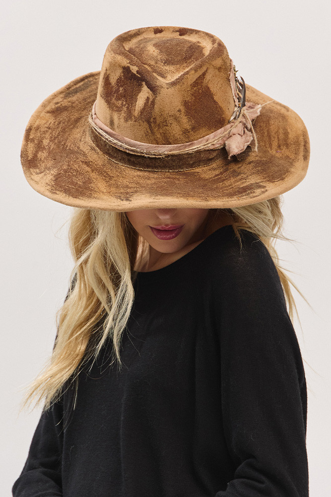 Women's Rustic Cowgirl Feather and Band Fedora Hat in Taupe