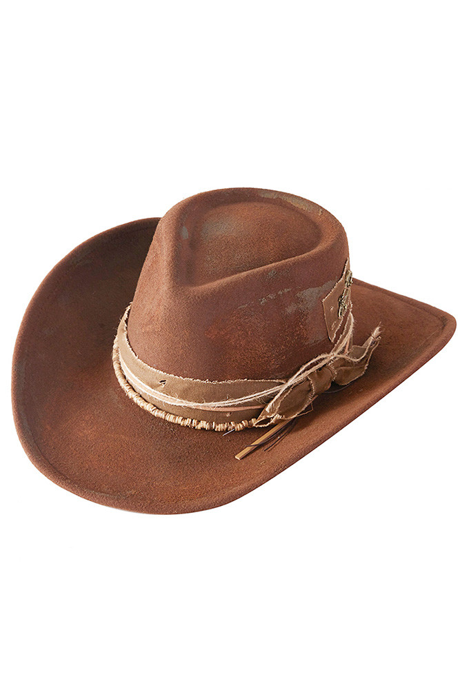 Women's Distressed Fabric Band Rustic Cowgirl Fedora Hat in Brown
