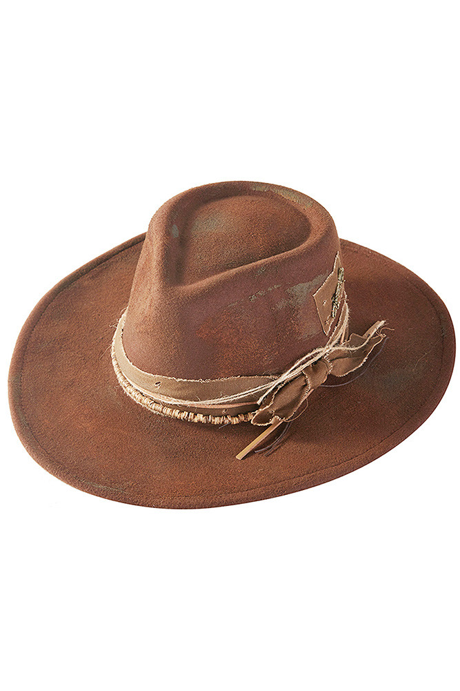 Women's Distressed Fabric Band Rustic Cowgirl Fedora Hat in Brown