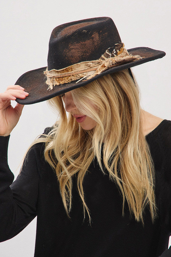 Women's Rustic Cowgirl with Feather Fedora Hat in Black by BURACQ