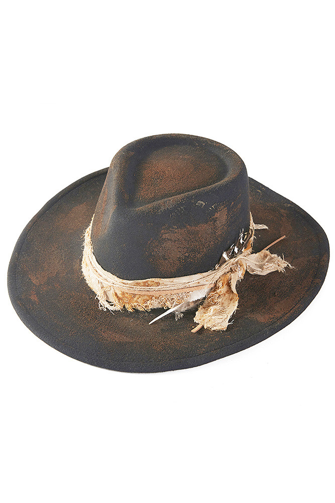Women's Rustic Cowgirl with Feather Fedora Hat in Black