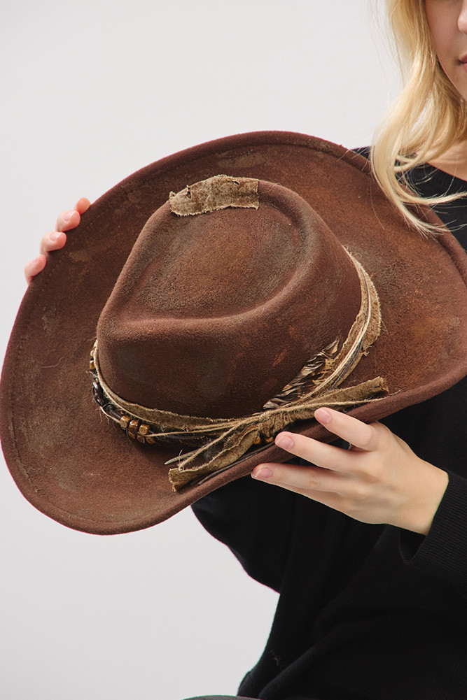 Women's Rustic Cowgirl with Feather Fedora Hat in Brown by BURACQ
