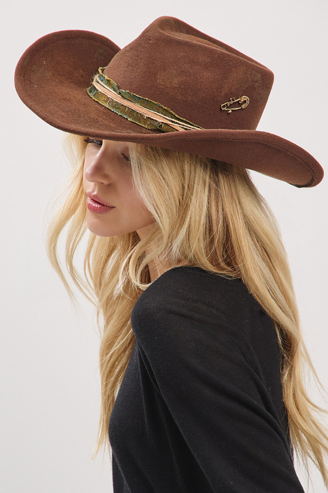 Women's Distressed Fabric Band Cowgirl Fedora Hat in Brown by BURACQ