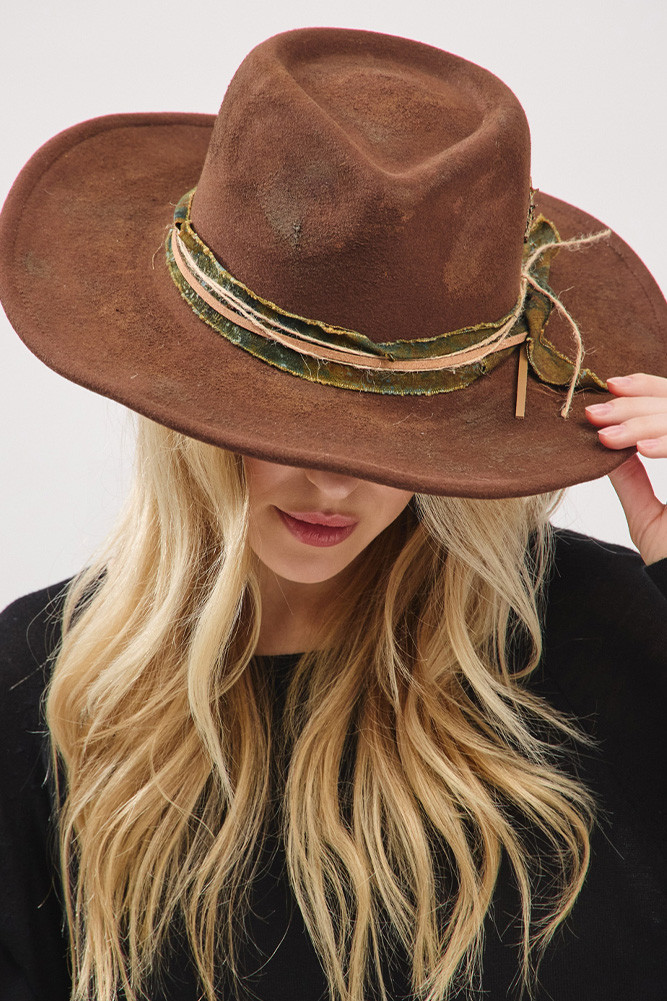 Women's Distressed Fabric Band Cowgirl Fedora Hat in Brown