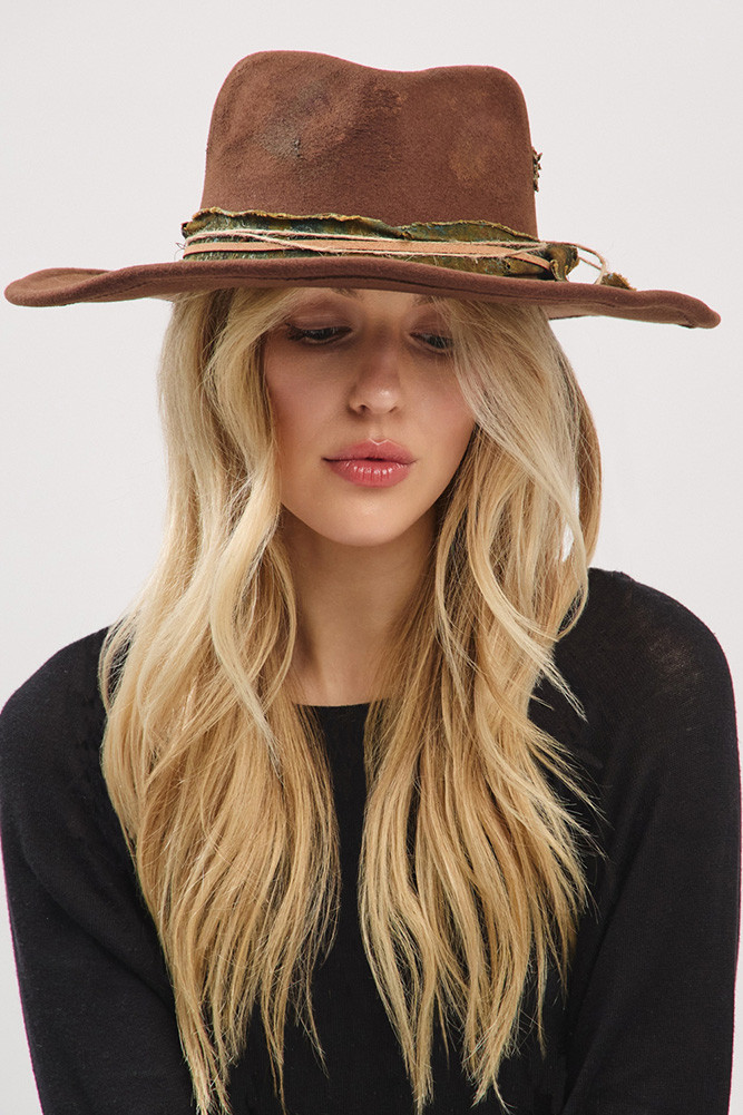 Women's Distressed Fabric Band Cowgirl Fedora Hat in Brown