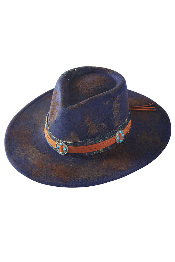Women's Distressed Fabric Band Cowgirl Fedora Hat in Navy