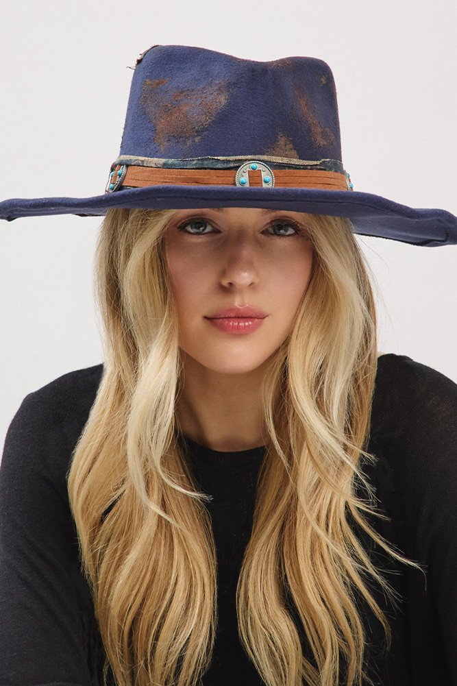 Women's Distressed Fabric Band Cowgirl Fedora Hat in Navy