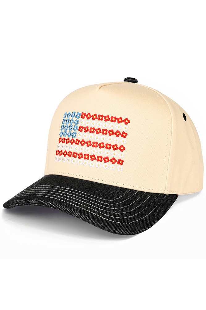 Women's Daisy Flower Pattern USA Flag Trucker Cap in Black Denim