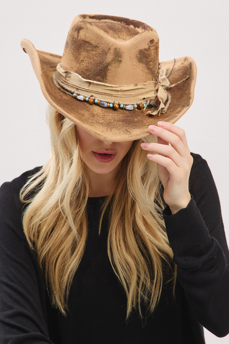 Women's Distressed Band with Feather Cowgirl Fedora Hat — fedora photo 6