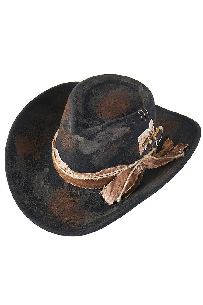 Women's Distressed Fabric Band Rustic Cowgirl Fedora Hat — fedora photo 3