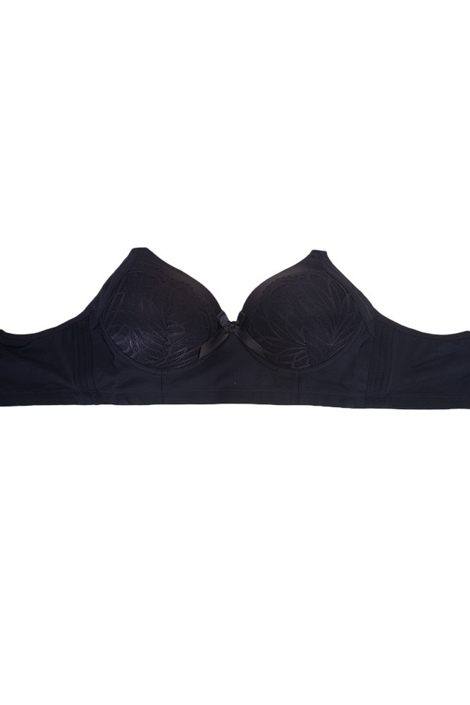 Women's Solid Textured Floral Lace Deco Wireless Bra in Black