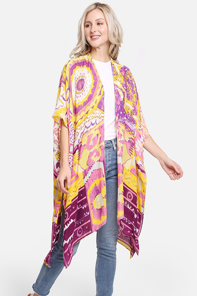 Women's Abstract Pattern Print Kimono in Purple