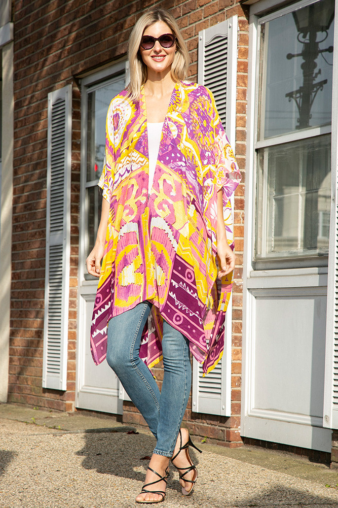 Women's Abstract Pattern Print Kimono in Purple
