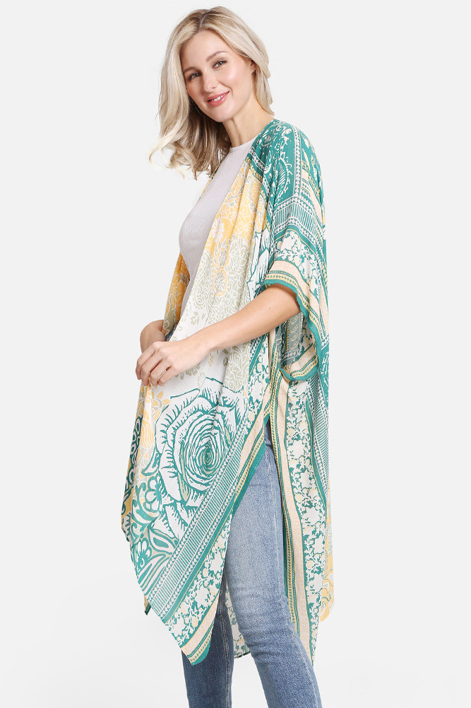 Women's Floral Pattern Print Summer Kimono Cover-Up in Yellow