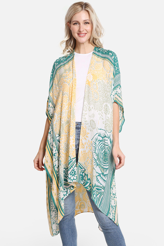 Women's Floral Pattern Print Summer Kimono Cover-Up in Yellow by BURACQ