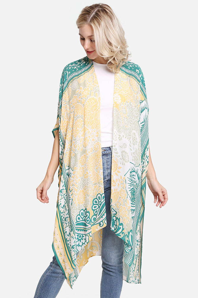 Women's Floral Pattern Print Summer Kimono Cover-Up in Yellow