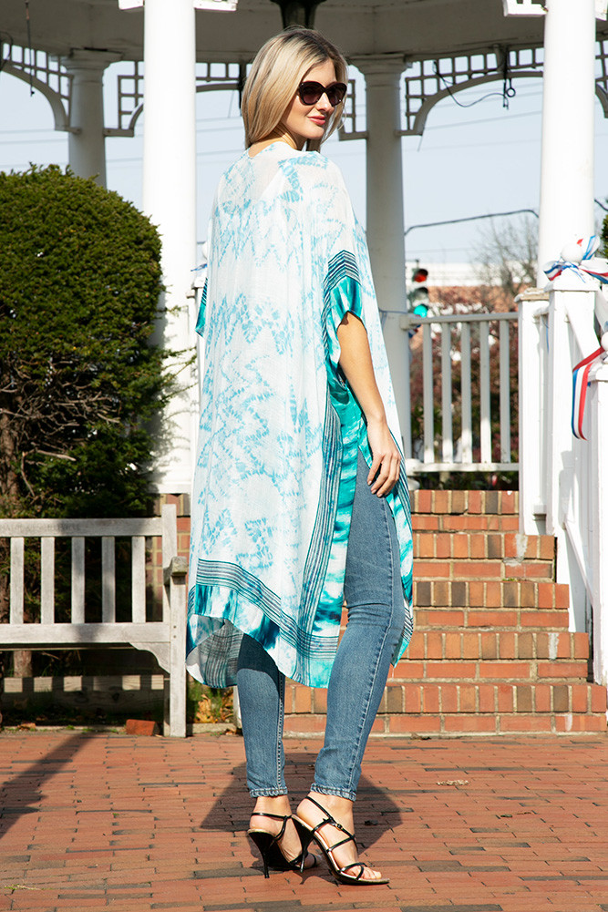 Women's Tie Dye Zigzag Pattern Print Summer Kimono Cover-Up in Blue